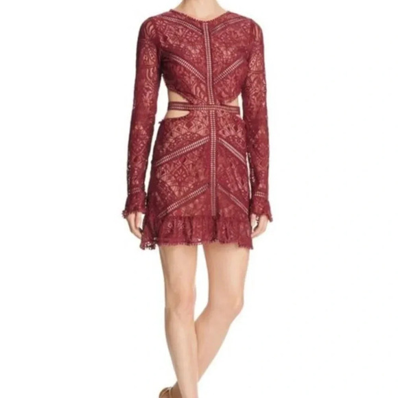 For Love And Lemons Dresses & Skirts - For Love And Lemons Emerie Cut Out Dress Mini Lace Long Sleeve Merlot Red Medium